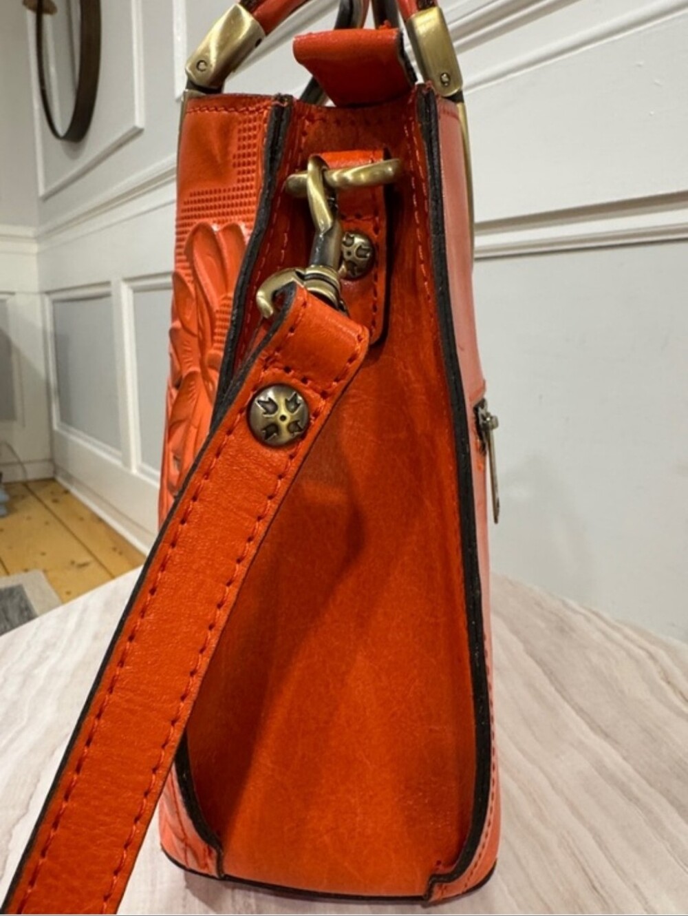 Patricia Nash Bag Aria Double Ring Orange Leather Floral Laser Cut Crossbody - Picture 6 of 16